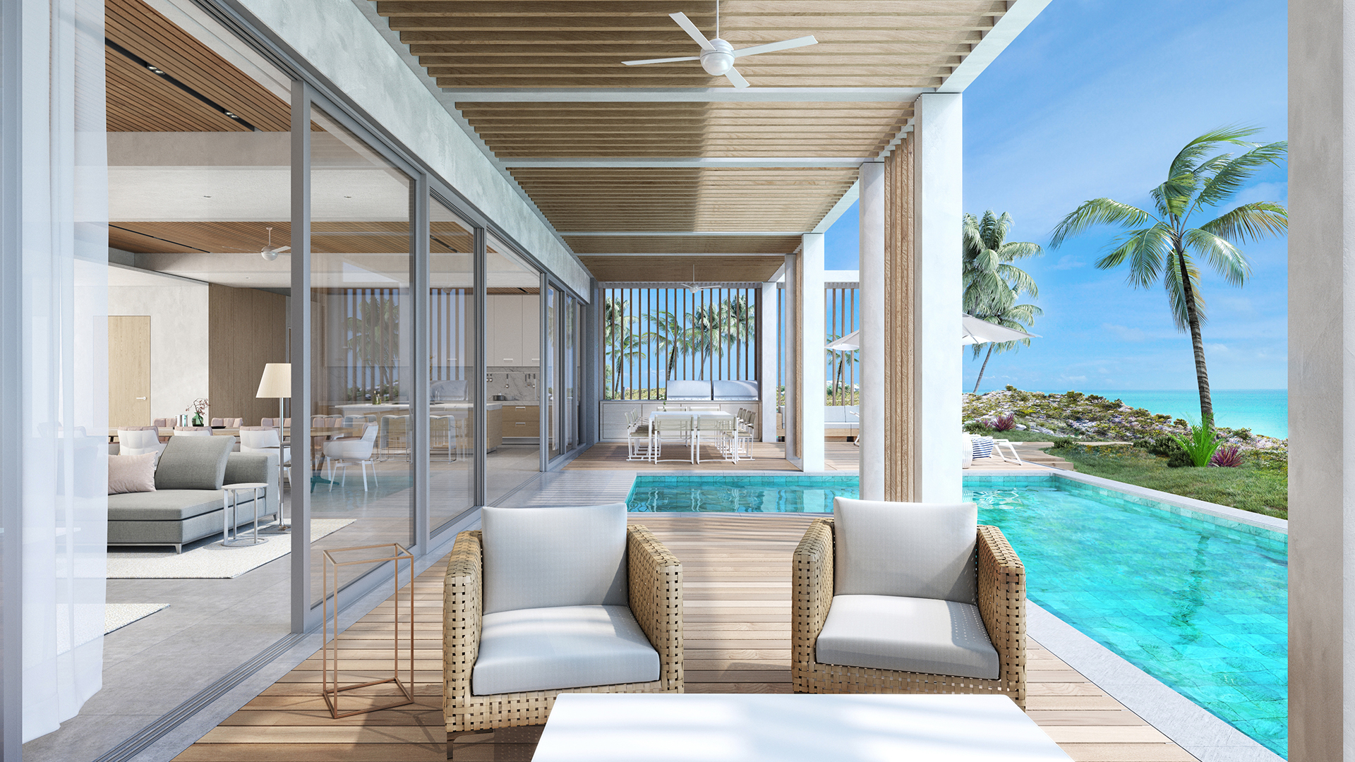 ©South Bank | Residences | Banks Villa | Shaded Poolside Lounging Area