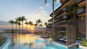 Tranquil sunsets at the oceanfront swimming pool